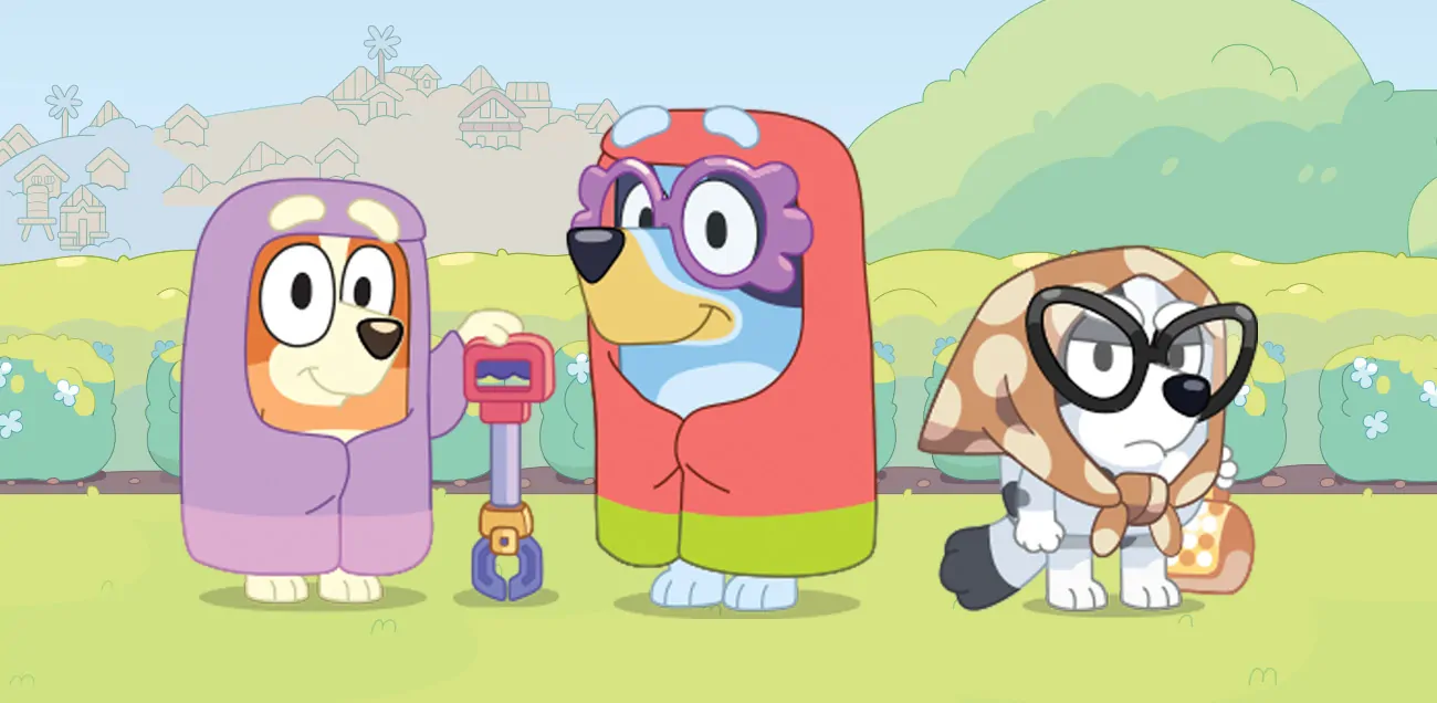Bluey, Bingo and Muffin dressed up as the Grannies