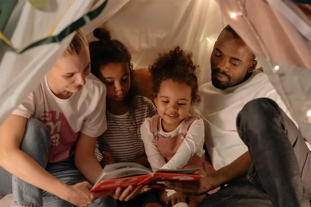 Family reading together.