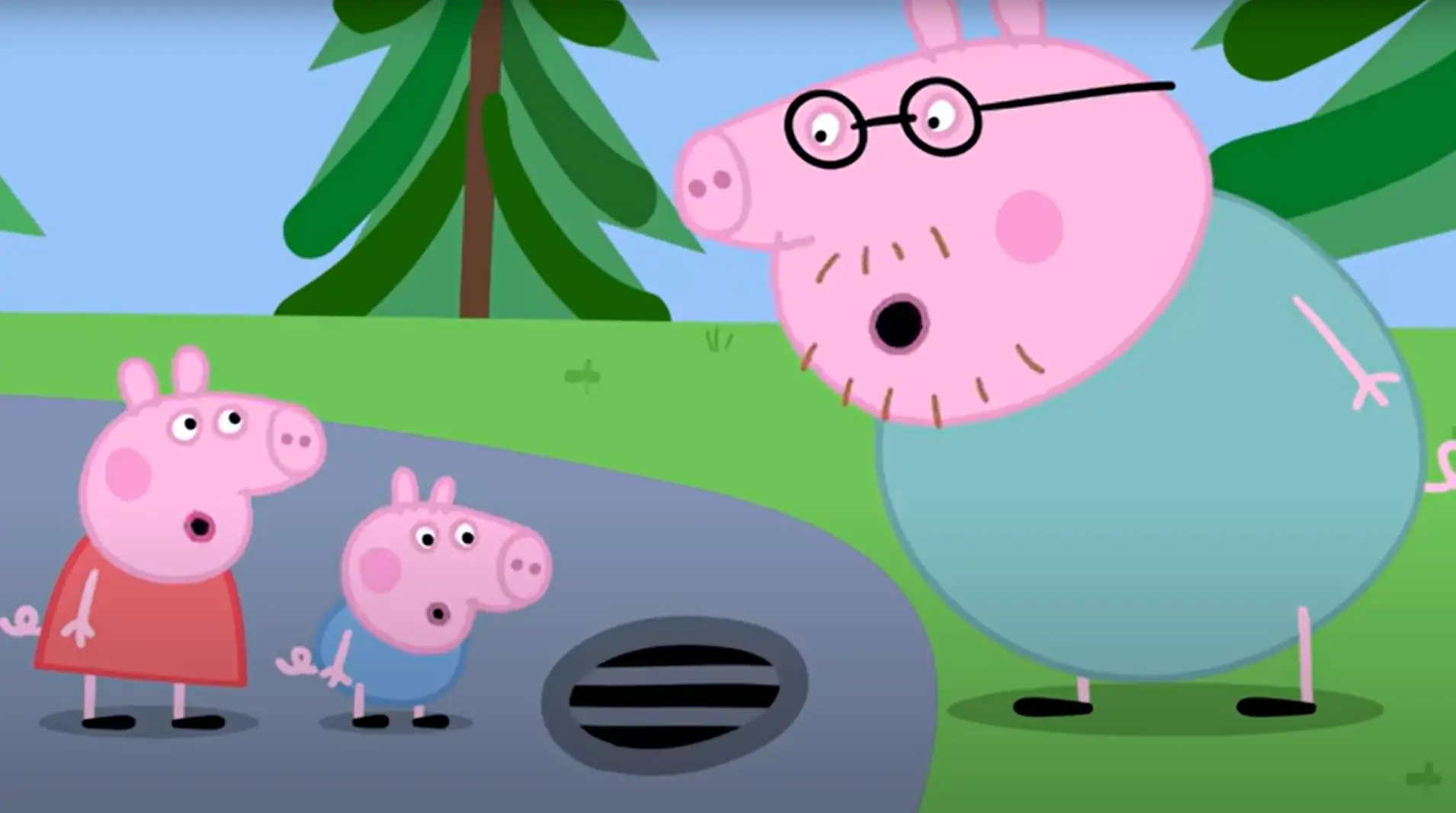 Daddy Pig, Peppa and George look down a drain.