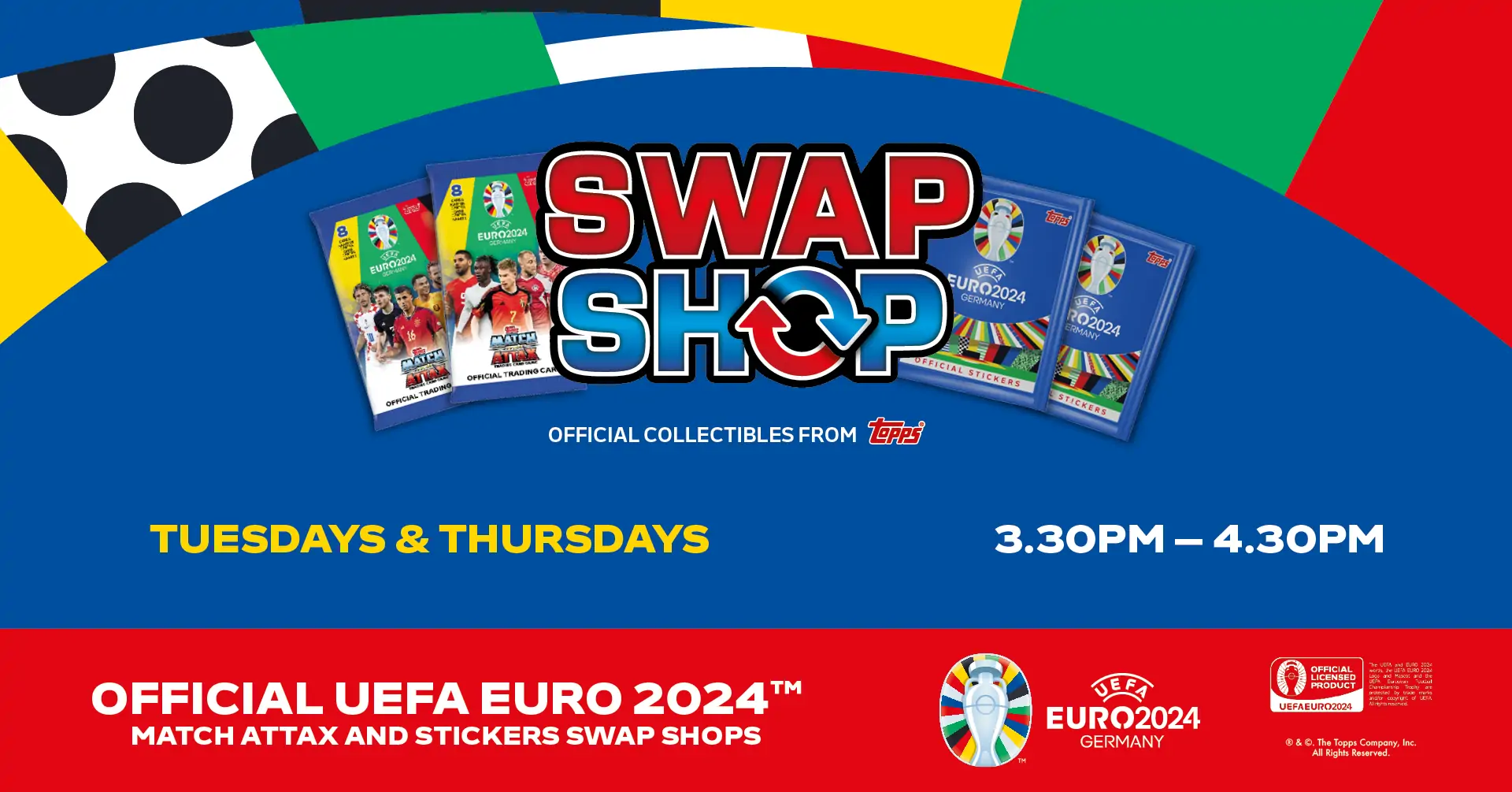 Graphic displaying details of The Entertainers Match Attax EURO 24 Swap Shops