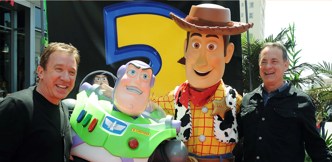 Tim Allen and Tom Hanks with their Toy Story characters Buzz Lighyear and Woody