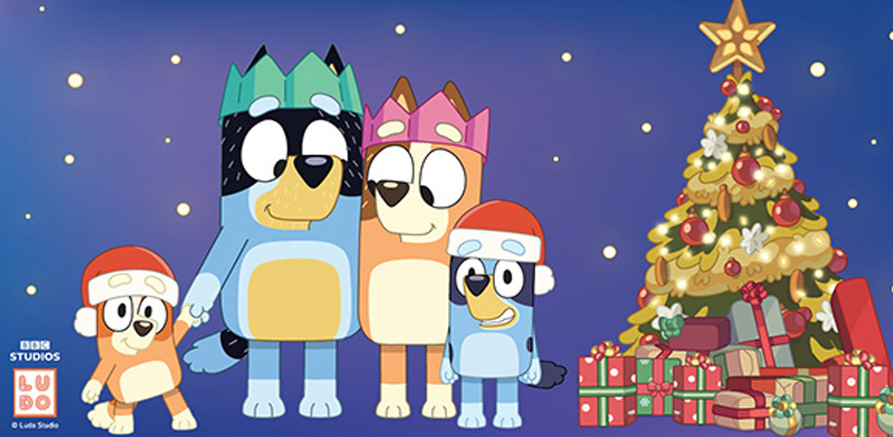 Bluey Family by a Christmas Tree