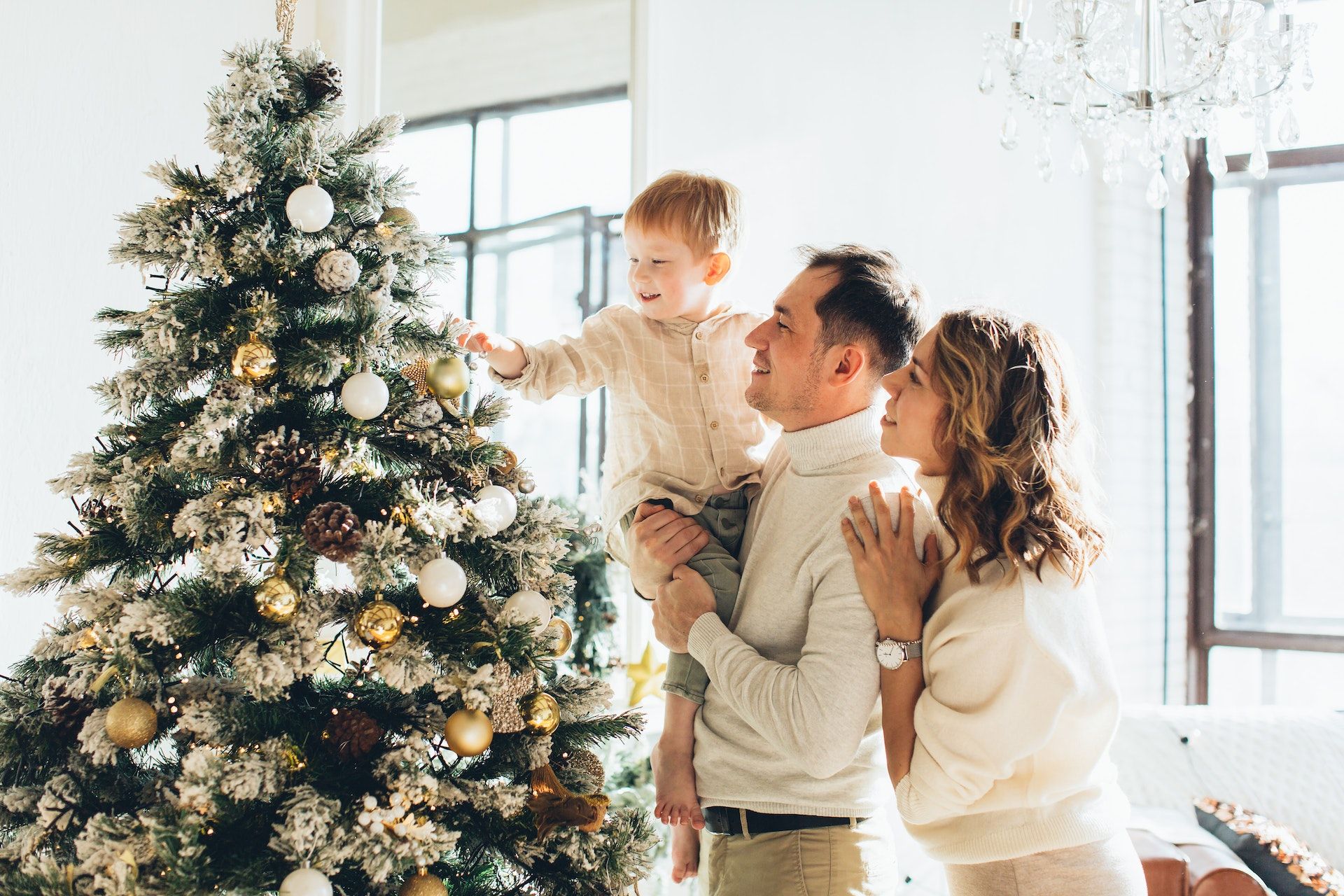 Family admires christmas tree.