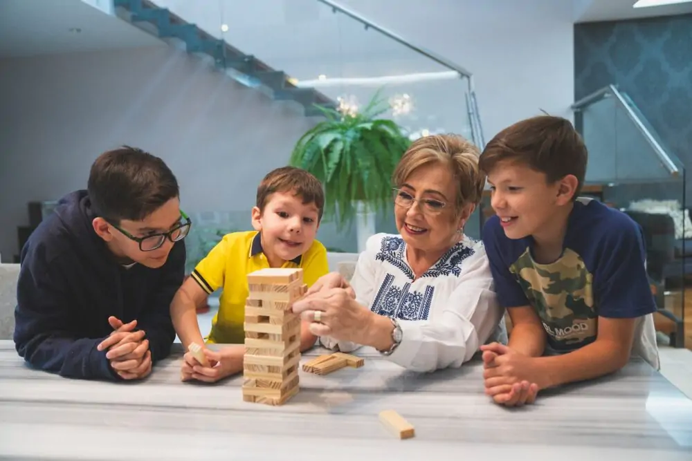 a family playing jenga