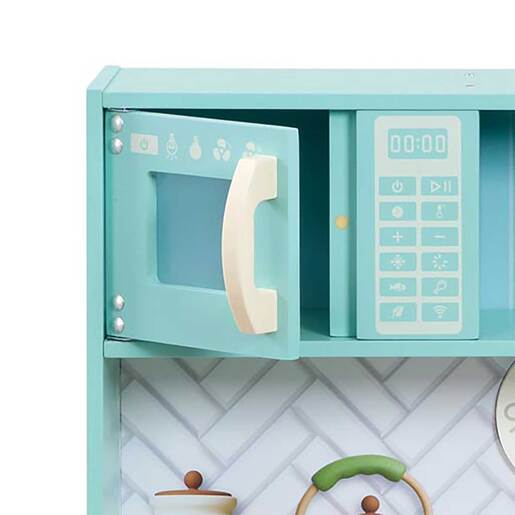 Wooden kitchen microwave door action view